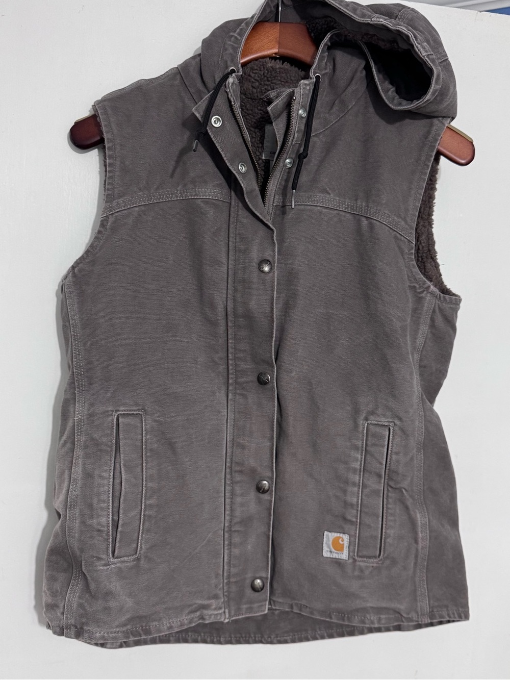 Carhartt Womens M 8/10 Sandstone Berkley Sherpa Lined Vest Hood Faded Gray